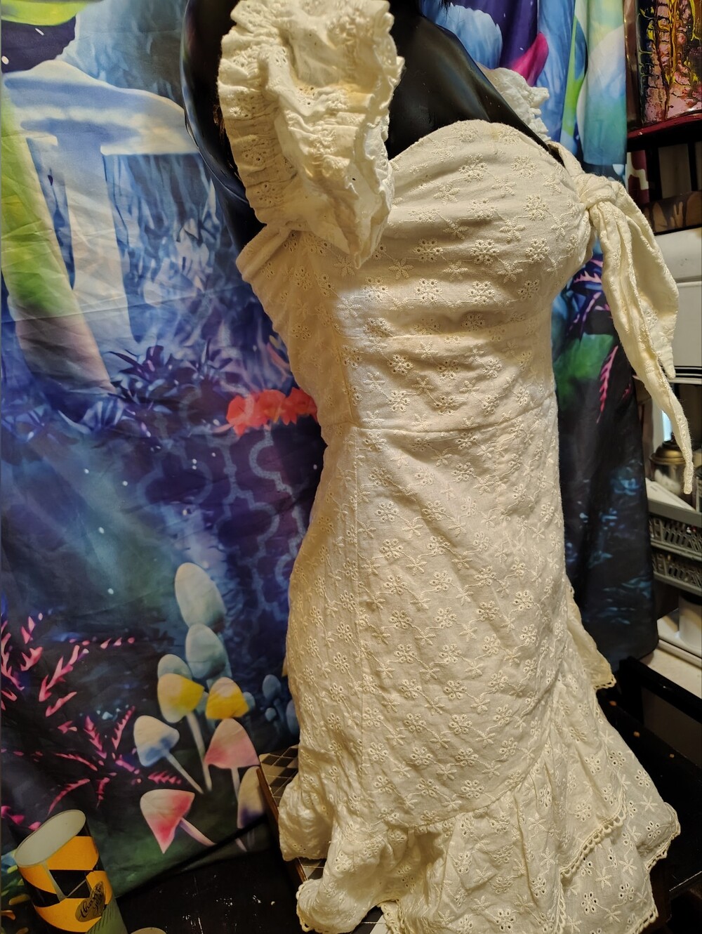 NWT Fashion Nova Eyelet Ruffled Skirt Off-Shoulder Mini Dress Pure White Size M - Picture 3 of 16
